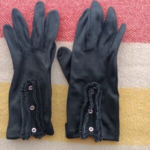 Vintage Women's Small Black Goth Gloves With Ruffled Accents & Button Detailing